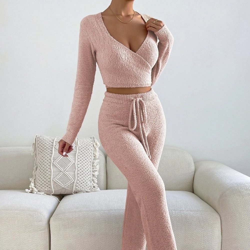 Baby Pink Preppy Womens Surplice Neck Crop Sweater & Drawstring Waist Knit Pants - Picture 2 of 5